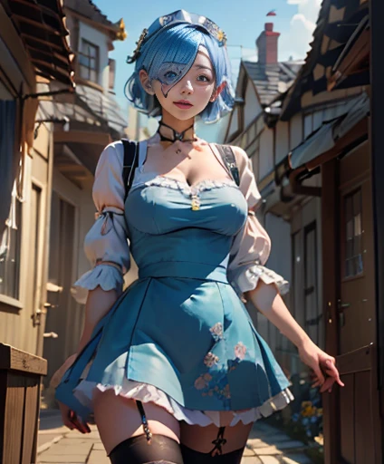 masterpiece, highest quality, super detailed, figure, epic lighting, cinematic composition, colorful, sharp:1.3, 1 girl, Againm_\(Again:zero\), medium bAgainasts, blue hair, short hair, (hair over one eye:1.3), eye_appear_through_hair, blue eye, rose-colored swallow_mansion_maid_uniform, apron, white stockings, garter strap, Are standing, Upper body, outdoor, mansion, summer, garden, flowers, tAgaines, Grass, bushes, sunlight, (extAgainmely detailed CG:1.2), (8K:1.1),