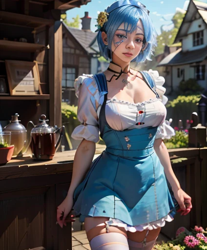 masterpiece, highest quality, super detailed, figure, epic lighting, cinematic composition, colorful, sharp:1.3, 1 girl, Againm_\(Again:zero\), medium bAgainasts, blue hair, short hair, (hair over one eye:1.3), eye_appear_through_hair, blue eye, rose-colored swallow_mansion_maid_uniform, apron, white stockings, garter strap, Are standing, Upper body, outdoor, mansion, summer, garden, flowers, tAgaines, Grass, bushes, sunlight, (extAgainmely detailed CG:1.2), (8K:1.1),