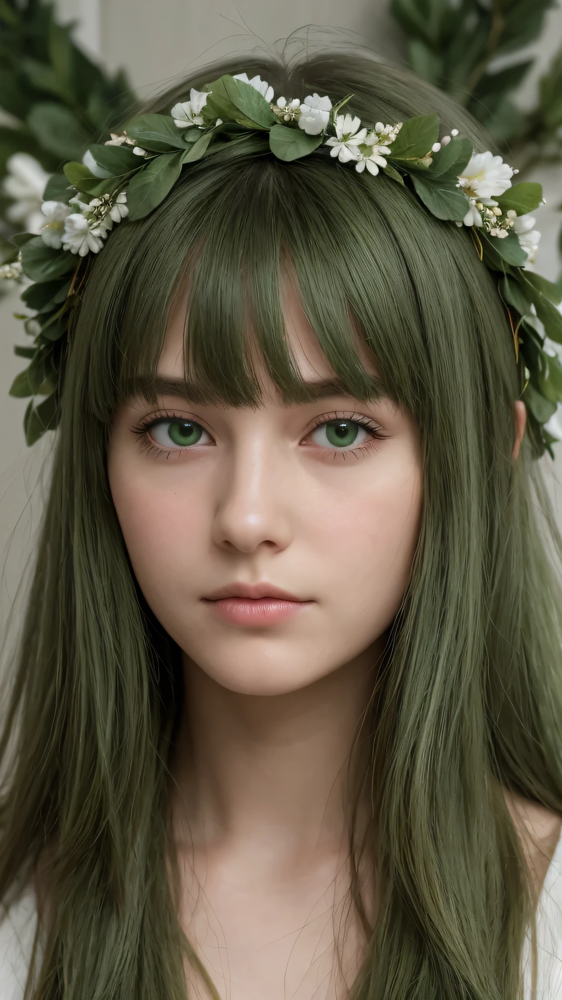 a girl. Europe. Extremely detailed face. Oval face. delicate facial features. half-closed eyes. long straight hair. messy hair. bangs. green hair. green eyes. wreath on head. afraid. shy. straight face