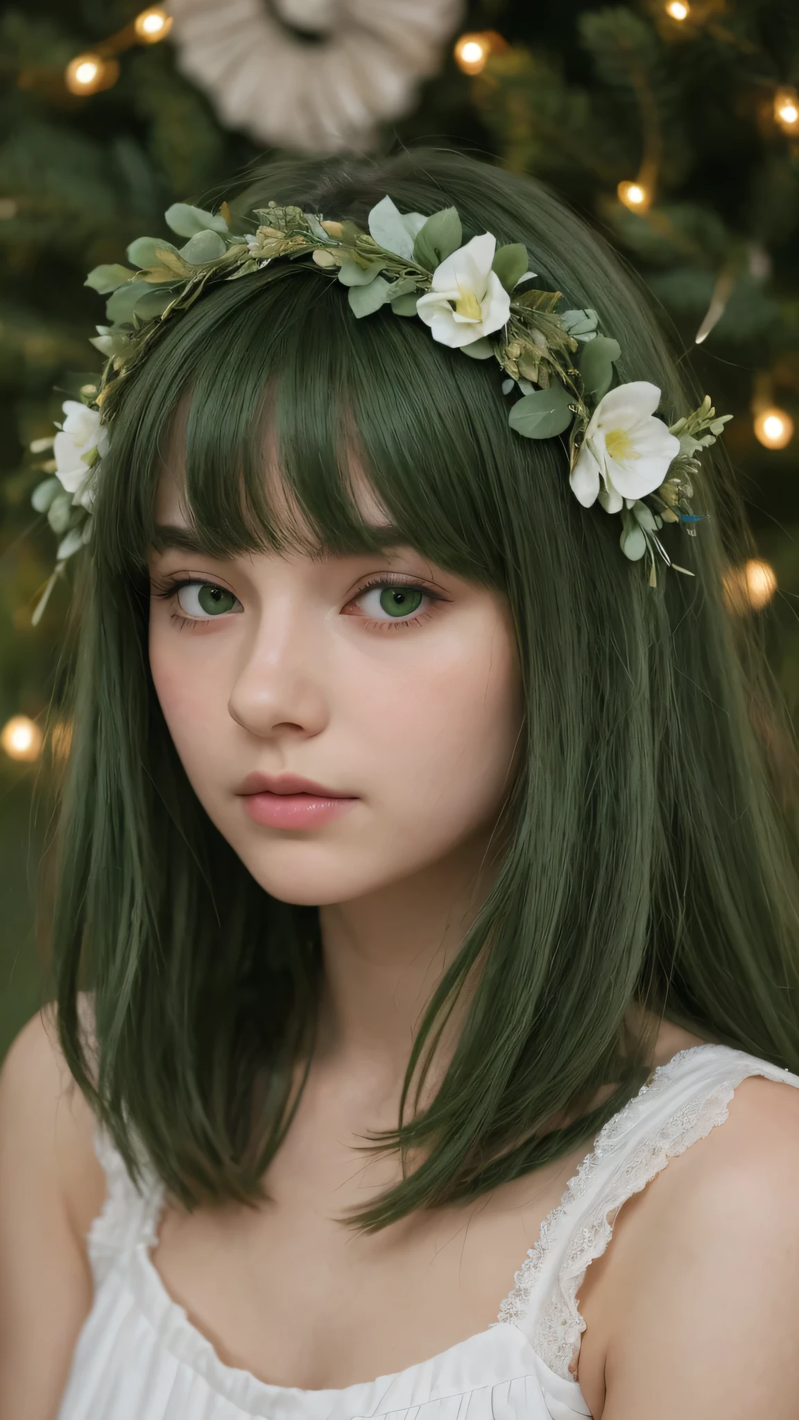 a girl. Europe. Extremely detailed face. Oval face. delicate facial features. half-closed eyes. long straight hair. messy hair. bangs. green hair. green eyes. wreath on head. afraid. shy. straight face