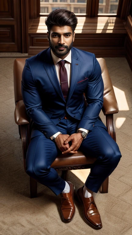 masterpiece, best quality, high resolution, full body portrait, male focus, half body focus, from above view, A indian man, 30 years old, with business suit, formal shoes and socks, sitting on chair with spread legs, brown hair, messy hairstyle, cute and seductive face, big chest, facial hair, roman nose, very skinny body, hairy legs, dimples, beard, bold jawline, masterpiece, below, amazing composition, front view, HDR, ultra quality, elegant, highly detailed, in sunlight