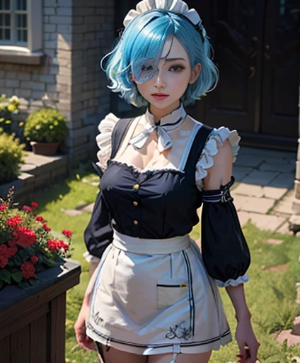 masterpiece, highest quality, super detailed, figure, epic lighting, cinematic composition, colorful, sharp:1.3, 1 girl, Againm_\(Again:zero\), medium bAgainasts, blue hair, short hair, (hair over one eye:1.3), eye_appear_through_hair, blue eye, rose-colored swallow_mansion_maid_uniform, apron, white stockings, garter strap, Are standing, Upper body, outdoor, mansion, summer, garden, flowers, tAgaines, Grass, bushes, sunlight, (extAgainmely detailed CG:1.2), (8K:1.1),