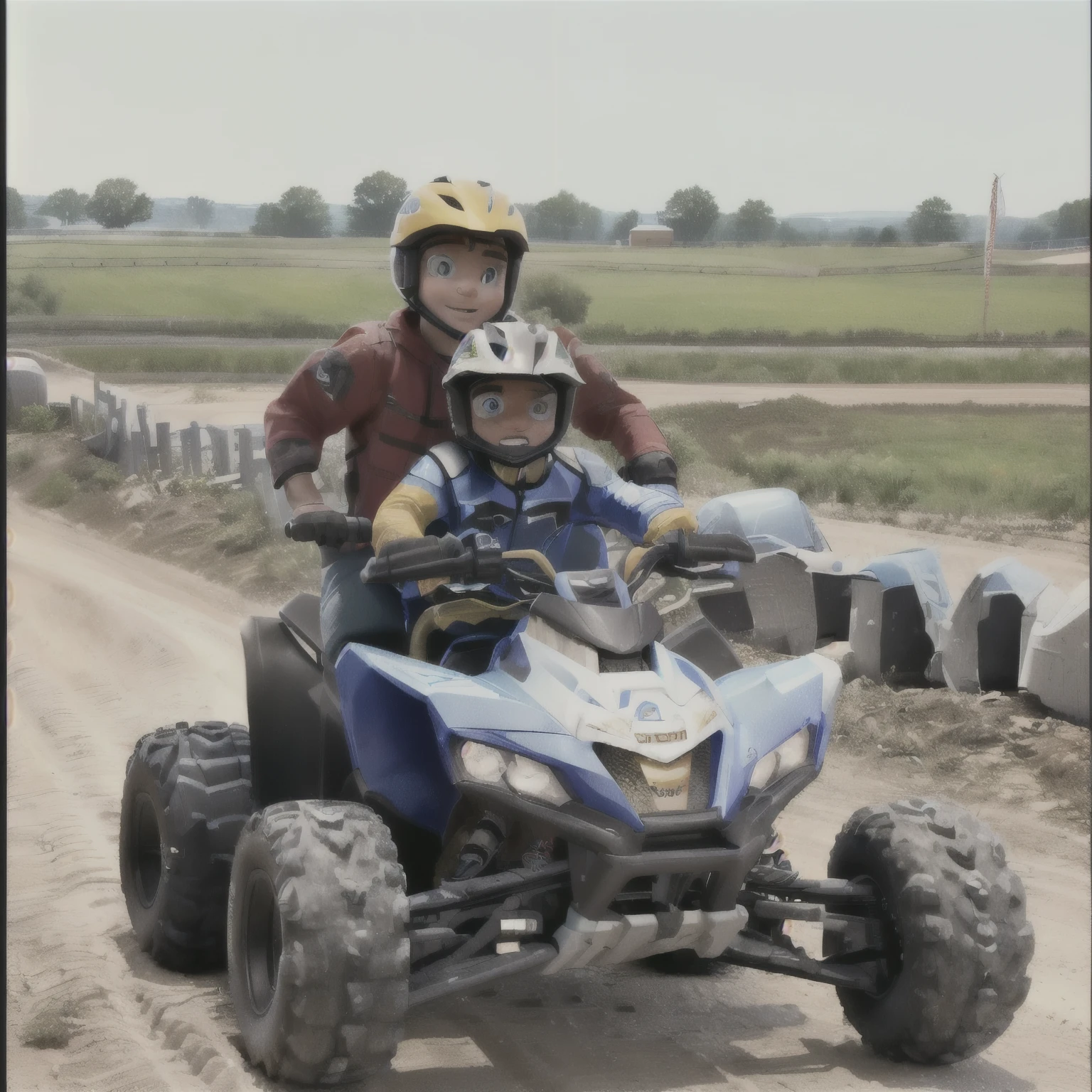 there is a man and a boy riding a four wheeler atv, at racer track, ???, all terrain vehicle race, with a kid, off-roading, captured on iphone, having a great time, photoshot, having a good time, taken on go pro hero8, kids, smooth in _ the background, iphone capture, on a racetrack, little ???