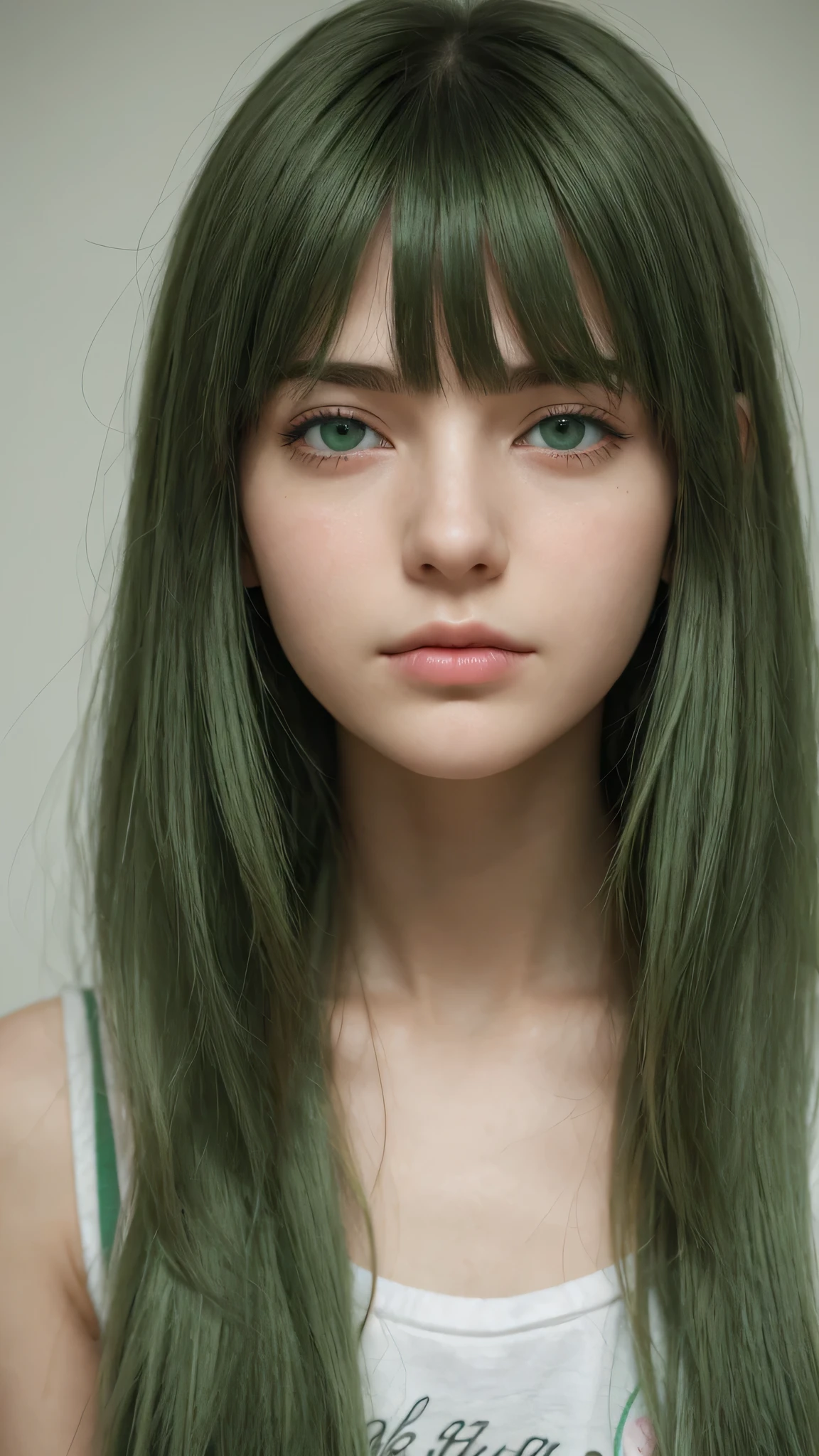 a girl.  Europe.  Extremely detailed face.  Oval face.  delicate facial features.  half-closed eyes.  long straight hair.  messy hair.  bangs.  green hair.  green eyes.  afraid.  Sad.  shy.  straight face