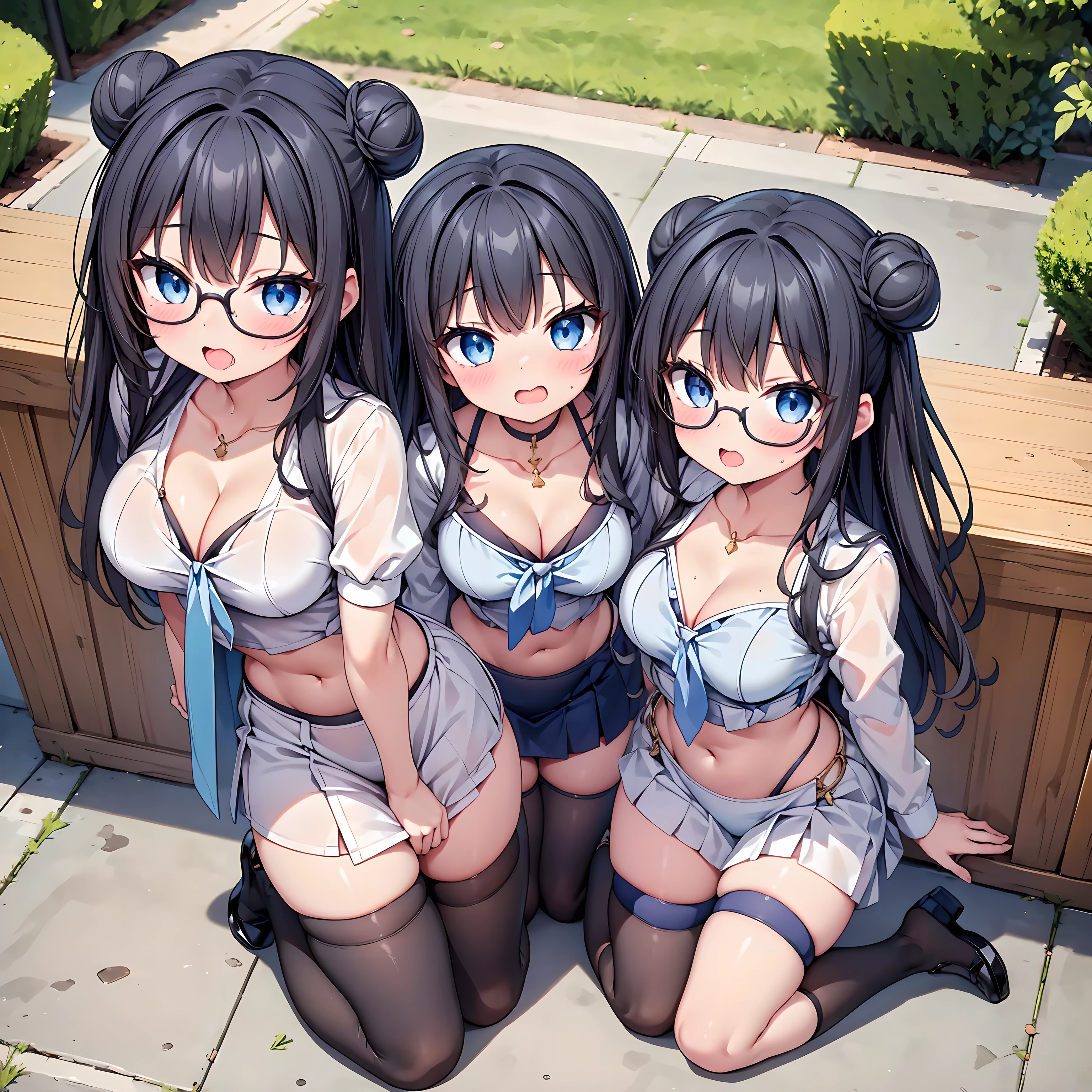 highest quality,wonderful,finely,extremely detailed CG Unity 8K wallpaper, (Stand in line:1.2), (3 girls, cute eyes, Black Hair, Blue Eyes, Glasses, double bun, clothed), (sparkling eyes:1.2), (small breasts), (wariza:1.4), (cleavage), (midriff peek:1.2), (open mouth:1.1), (long tongue:1.1), (mouth drool:1.1), (black stockings:1.1),(Thighs:1.2),(Waistline:1.1),(Waistline), (From above:1.4) showing breasts, erect nipples