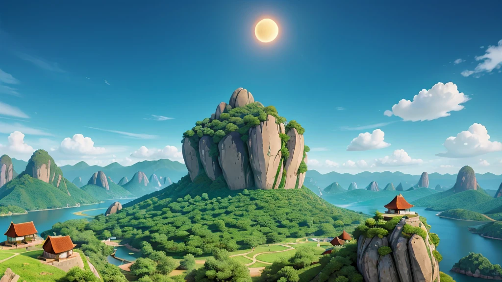 High resolution landscape, stylized.  It has mountains of geometric shapes with large sun or moon, Palely hanging low in the sky.  The foreground shows flat land with scattered shapes that resemble rocks or boulders.  Những gam màu pastel nhẹ nhàng tạo ra một bầu không khí yên tĩnh và siêu thực. 