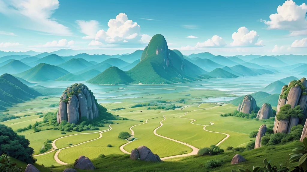 High resolution landscape, stylized.  It has mountains of geometric shapes with large sun or moon, Palely hanging low in the sky.  The foreground shows flat land with scattered shapes that resemble rocks or boulders.  Những gam màu pastel nhẹ nhàng tạo ra một bầu không khí yên tĩnh và siêu thực. 