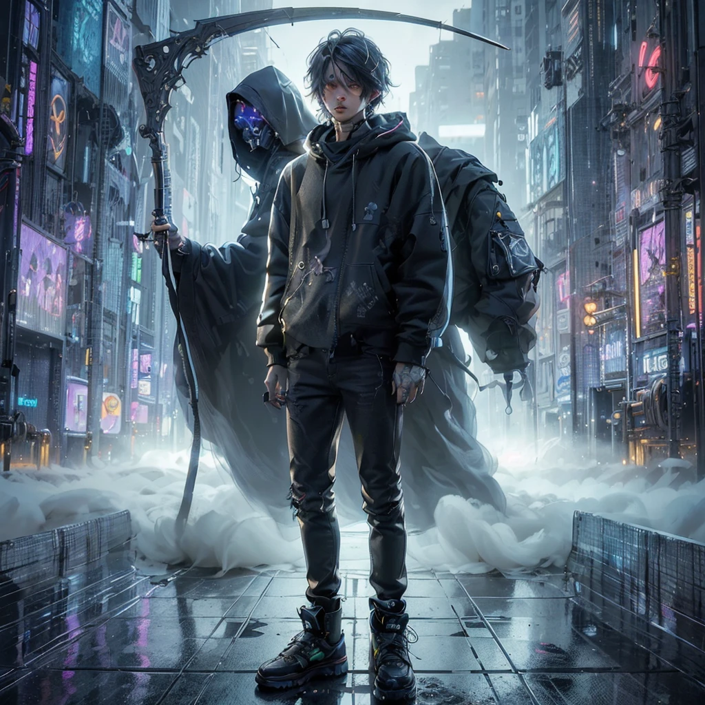 A mesmerizing, photorealistic masterpiece of a young man in a 3/4 angle view within a futuristic cybercity. The subject has shaggy, tied hair and a flat face with no expression, wearing a baggy hooded sweater, tight jeans, and worn black sneakers. Behind him, the ominous figure of the grim reaper carries a complicated scythe. The background features a cloudy night with neon lights, towering skyscrapers, and holographic advertisements, creating an immersive, cinematic atmosphere. The image is incredibly detailed, with ornate details, crisp quality, and a resolution of 32K., cinematic, photo