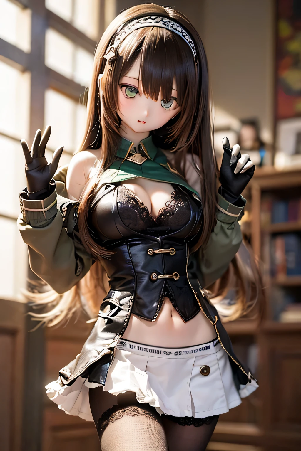 (SFW:2), photorealistic, realistic photo, 8k, ((highest quality)), ((masterpiece)), (extremely detailed), kukolnydom, doll, (mature woman, 21yo, 21 years old, solo:1.6), ((cowboy shot, dynamic pose, slim, slender, skinny, medium breasts, hairband, tank top, hot pants, navel, black pantyhose, gym)), (green eyes, brown hair, long hair, plastic skin, looking at another, glass eyes, gradient eyes, shining eyes, detailed eyes:1.3)