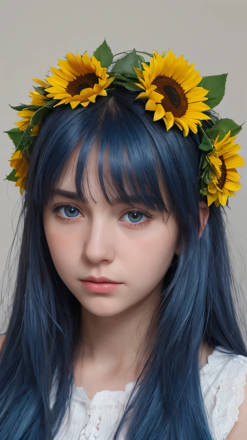 a girl. Europe. Oval face. delicate facial features. charming. half-closed eyes. blue eyes. long straight hair. messy hair. bangs. blue hair. Sunflower wreath on head. Sad. shy. straight face