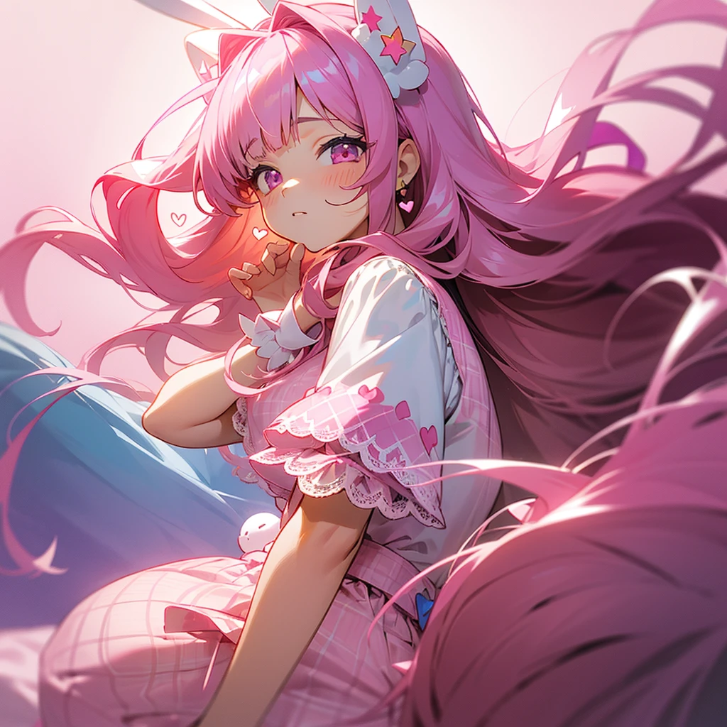 semi-rimless, long_hair, gradient_hair, bright pink_light purple_ombre, wavy_hair, Blunt_bangs, ruby eyes, girl, short, Little pink bunny ears sticking up, white headset, Cute little pins in the shape of hearts and stars on the bangs,White short sleeve lace blouse under yellow plaid one-piece, pink tone bedroom