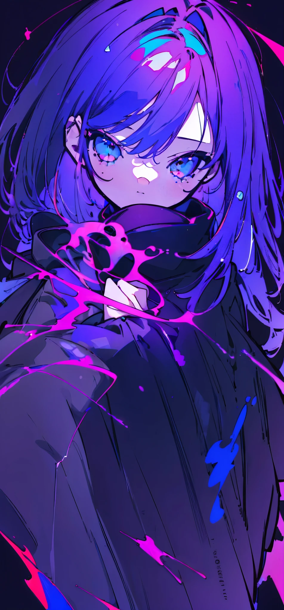 Perfect NwsjMajic,(masterpiece, Highest quality, Highest quality, Official Art, beautifully、aesthetic:1.2), (One Girl), Very detailed,colorful,Most detailed, Official Art, unity 8k wallpaper, Very detailedな, beautifully、aesthetic, masterpiece, Highest quality, Purple Hair、Black leather coat、Bright blue and white eyes、Eyes of Determination、depression
