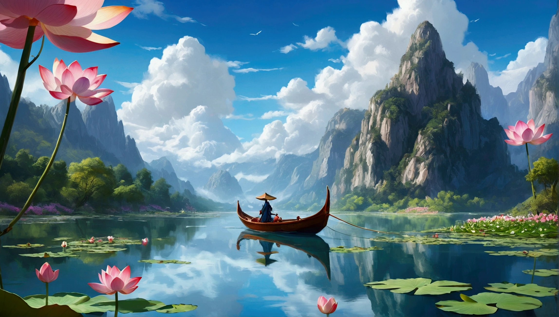 Boat on alpine lake and white clouds, The ship flies in the sky,Huge sail,Dreamy digital painting, Fantasy digital painting, Fantasy. Gondola boat, Lotus flower,petal,chinese style painting, Digital cartoon painting art, Shiny digital painting, Chinese painting style, Digital Fantasy painting, 8K resolution digital painting, 8K resolution digital painting, Fantasy風景画, Beautiful artwork illustration, 4K Digital Painting、Role-playing game style、The Heroes