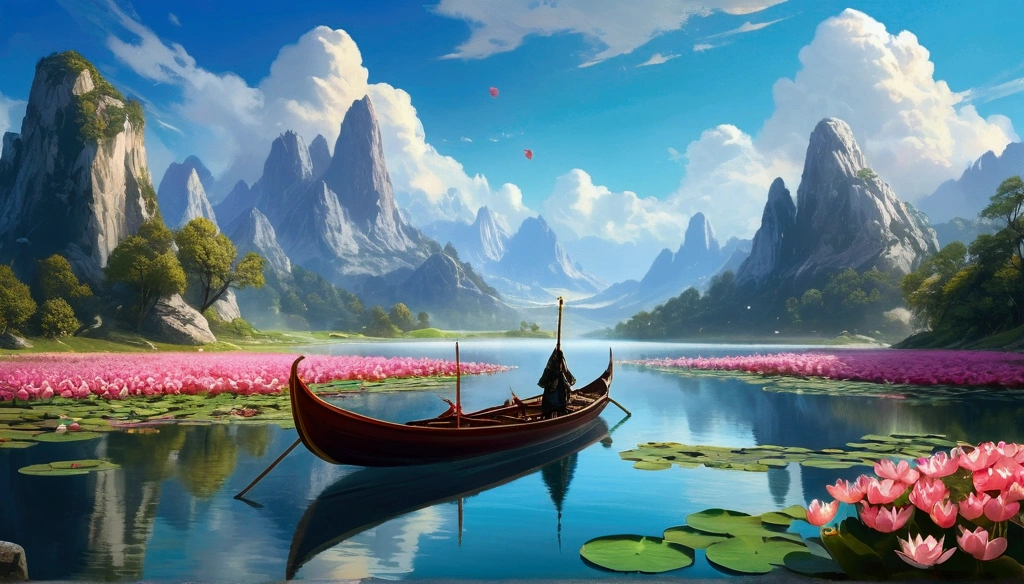 Boat on alpine lake and white clouds, The ship flies in the sky,Huge sail,Dreamy digital painting, Fantasy digital painting, Fantasy. Gondola boat, Lotus flower,petal,chinese style painting, Digital cartoon painting art, Shiny digital painting, Chinese painting style, Digital Fantasy painting, 8K resolution digital painting, 8K resolution digital painting, Fantasy風景画, Beautiful artwork illustration, 4K Digital Painting、Role-playing game style、The Heroes