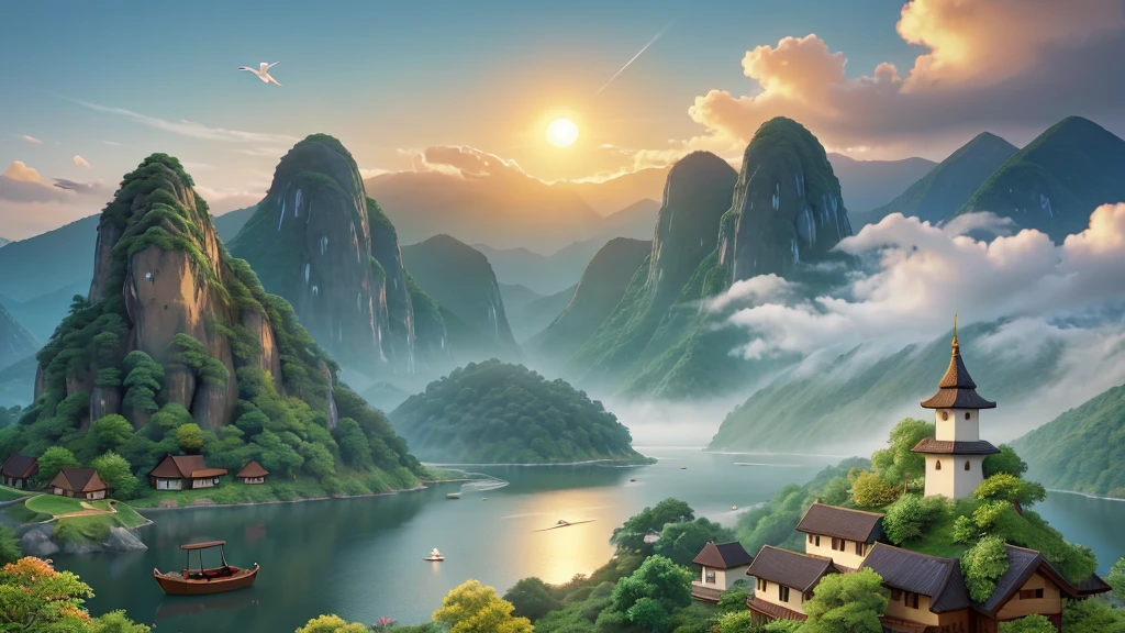 The image you’ve described depicts a traditional East Asian landscape painting. It features misty mountains with sharp peaks, some partially obscured by clouds or fog. A waterfall cascades down one of the mountains. In the foreground, there are two small boats on what appears to be a calm body of water. Birds are in flight throughout the scene, and there is an orange sun or moon hanging low in the sky, suggesting either dawn or dusk. The painting’s use of soft colors and blurred lines gives it a tranquil and ethereal quality. Đẹp