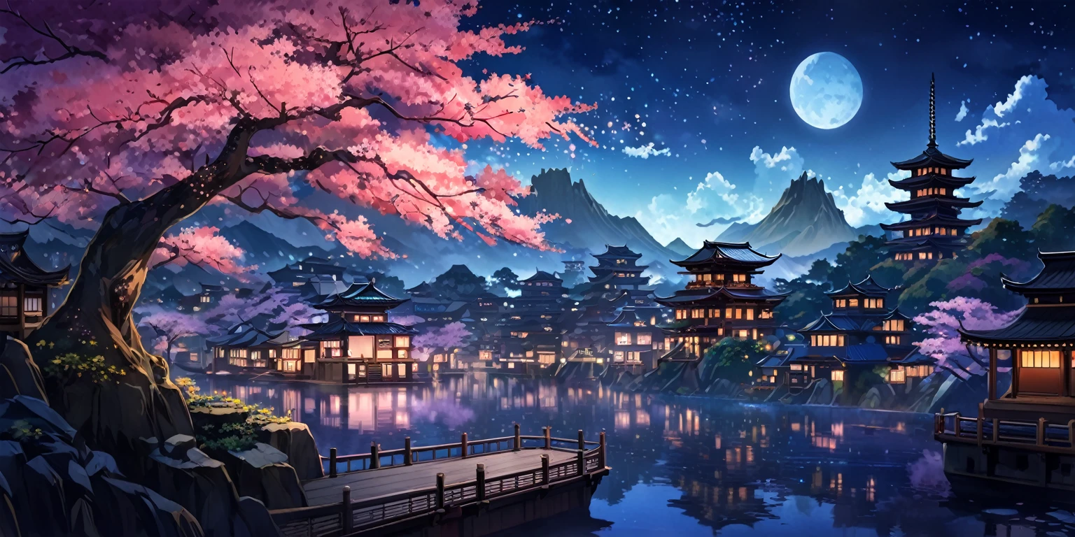 A painting of a Highly detailed, beautiful landscape, japanese aesthetic, sakura tree, concept art inspired by Tosa Mitsuoki, pixiv contest winner, best quality, fantasy art, beautiful anime scene, dream painting, Anime Background Art, Fantasy Landscape Art, Fantasy Night, Anime Background, Background Artwork, Fantastic Art, Atmospheric Anime, Night time, Detail Enhanced, futuristic fantasy city