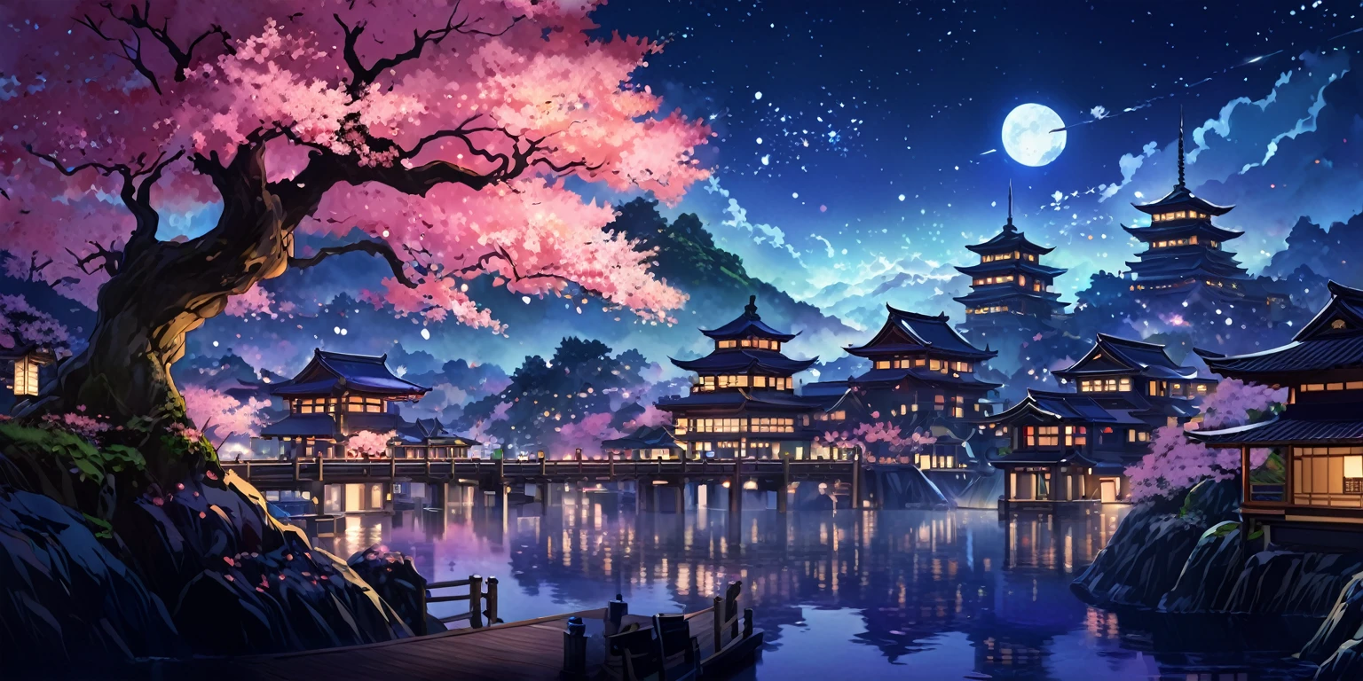 A painting of a Highly detailed, beautiful landscape, japanese aesthetic, sakura tree, concept art inspired by Tosa Mitsuoki, pixiv contest winner, best quality, fantasy art, beautiful anime scene, dream painting, Anime Background Art, Fantasy Landscape Art, Fantasy Night, Anime Background, Background Artwork, Fantastic Art, Atmospheric Anime, Night time, Detail Enhanced, futuristic fantasy city