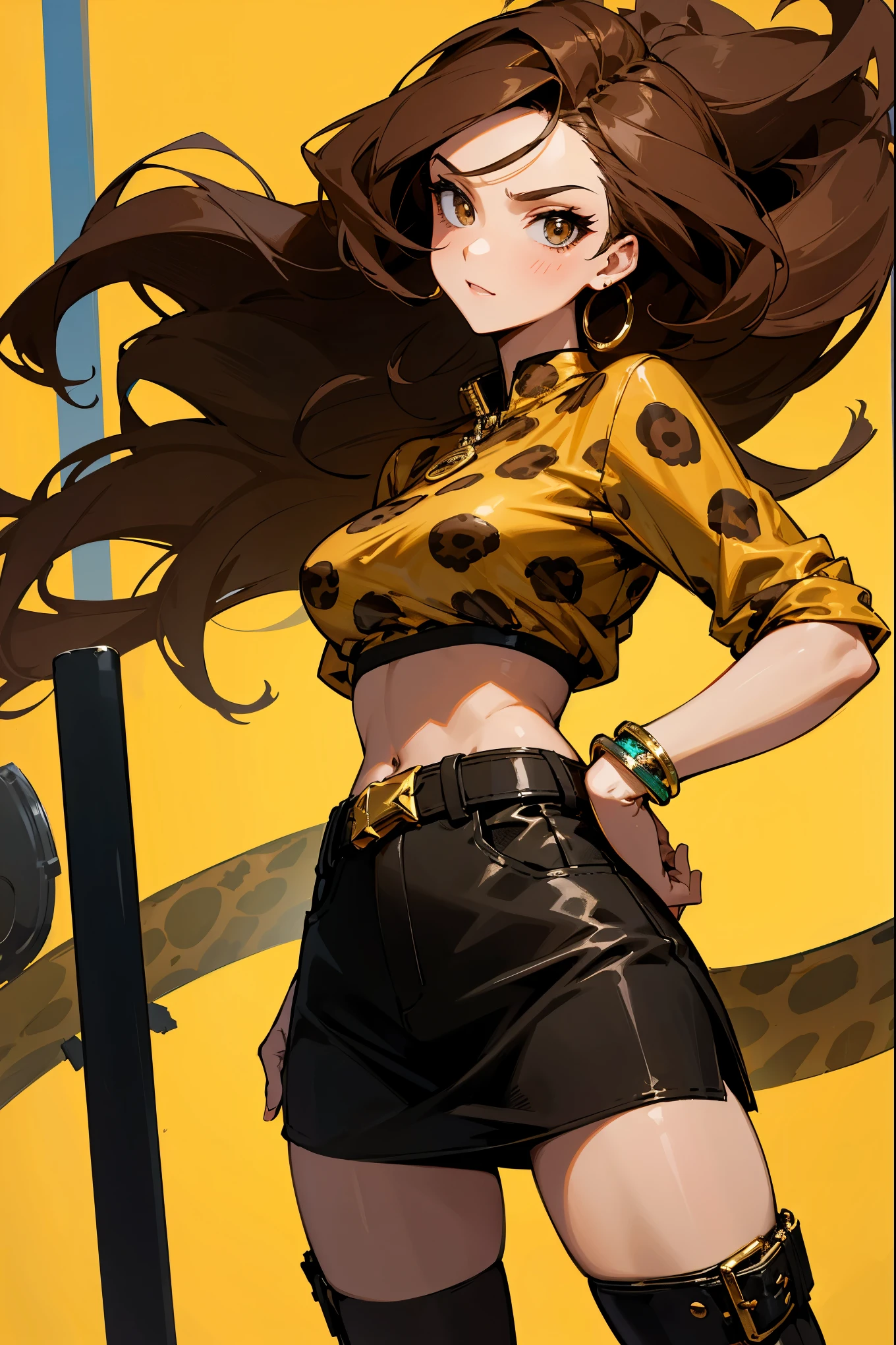 1female, rich brown hair, styled in voluminous waves, striking hazel eyes, confident expression, fitted leopard print crop top with a matching high-waisted skirt, chunky black belt with a gold buckle, black knee-high boots, a simple gold bracelet, trendy urban background with bold street art and vibrant city lights, detailed face, hands to side, standing on path