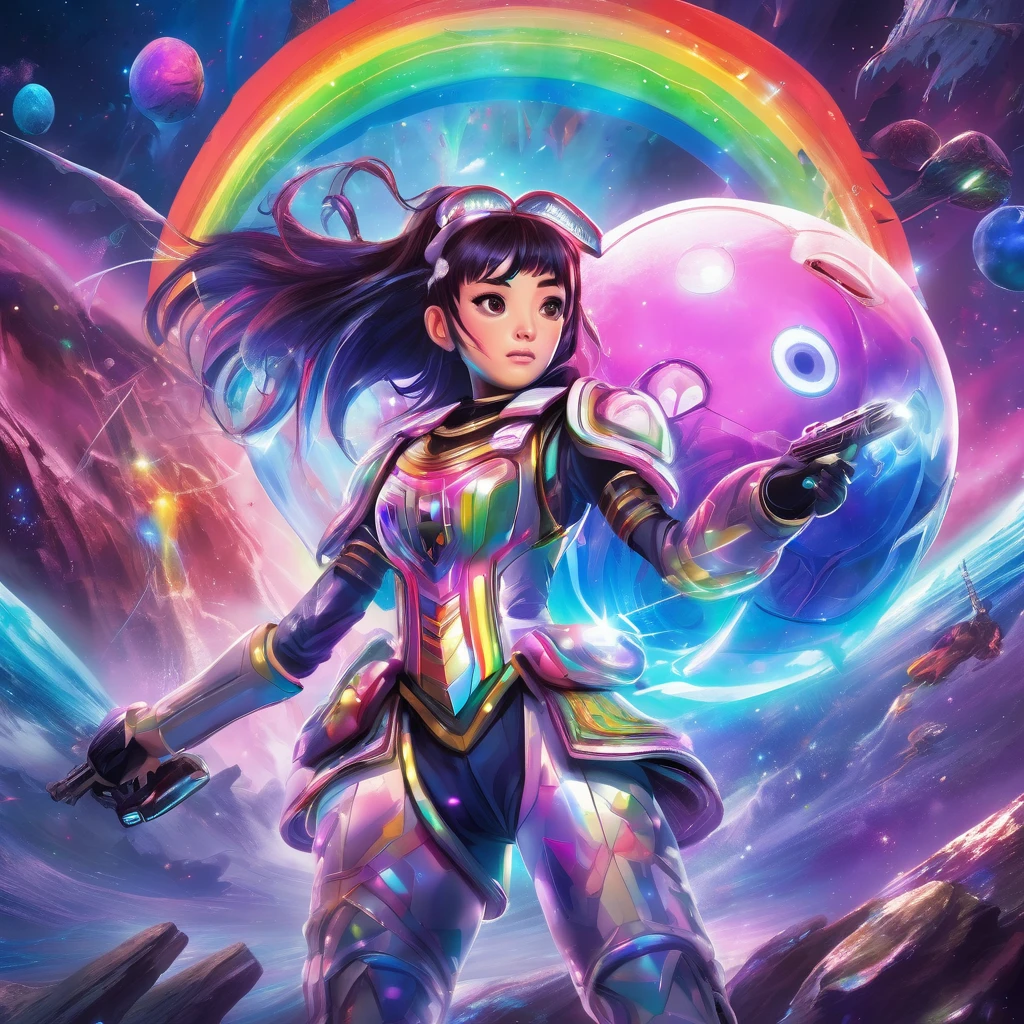 Cryptic Girl strikes an action pose wearing heart-themed combat armor, Her confused and frightened companion, Amy, is a Japanese woman in a sailor uniform.. Set on an alien world,Rainbow world atmosphere,Shining Northern Lights, Fascinating iridescent stardust, 