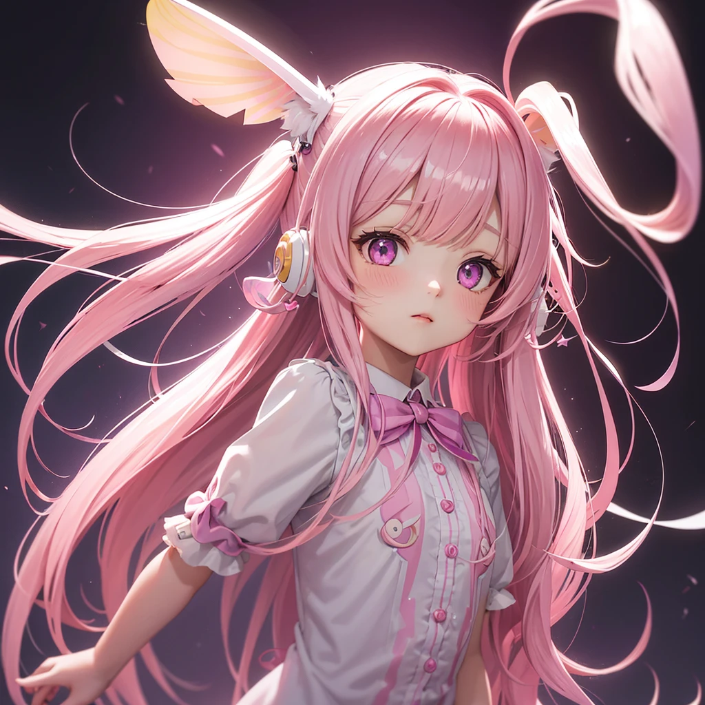 semi-rimless, long_hair, gradient_hair, bright pink_light purple_ombre, wavy_hair, Blunt_bangs, ruby eyes, girl, short, Little pink bunny ears sticking up, white headset, Cute little pins in the shape of hearts and stars on the bangs,White short sleeve lace blouse under yellow plaid one-piece