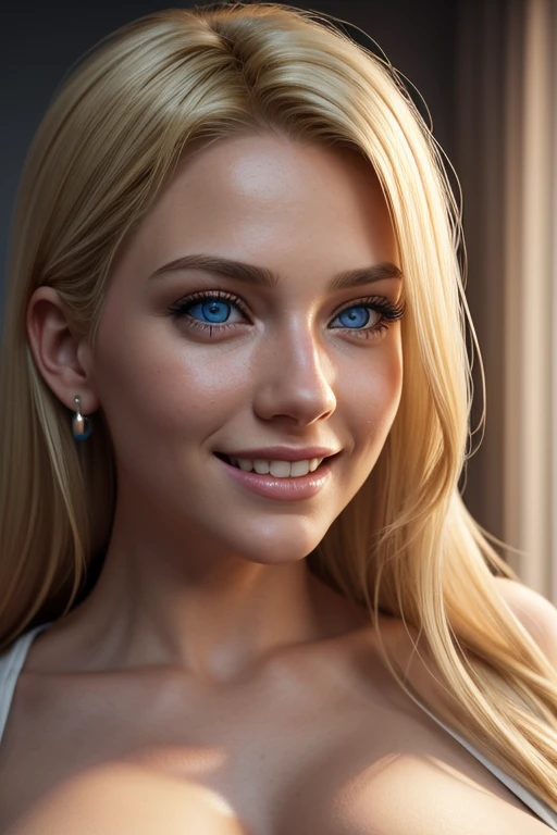 realistic 1 girl, beautiful blonde hair, large breasts, smiling, piercing blue eyes, low angle shot, 3D render, OctaneRender 8K, high quality, detailed, photorealistic, intricate details, dynamic lighting, soft focus, warm color palette, cinematic composition