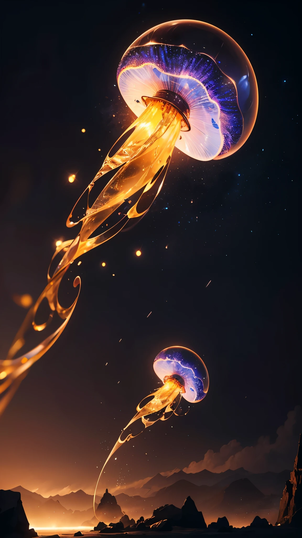 A gigantic multi-colored crystal jellyfish, fantastic jellyfish floating in a starry night sky, beautiful fantasy landscape backdrop, bottom view angle, dynamic pose, (best quality,4k,8k,highres,masterpiece:1.2),ultra-detailed,(realistic,photorealistic,photo-realistic:1.37),HDR,UHD,studio lighting,ultra-fine painting,sharp focus,physically-based rendering,extreme detail description,professional,vivid colors,bokeh,fantasy,surreal,cinematic,dramatic lighting