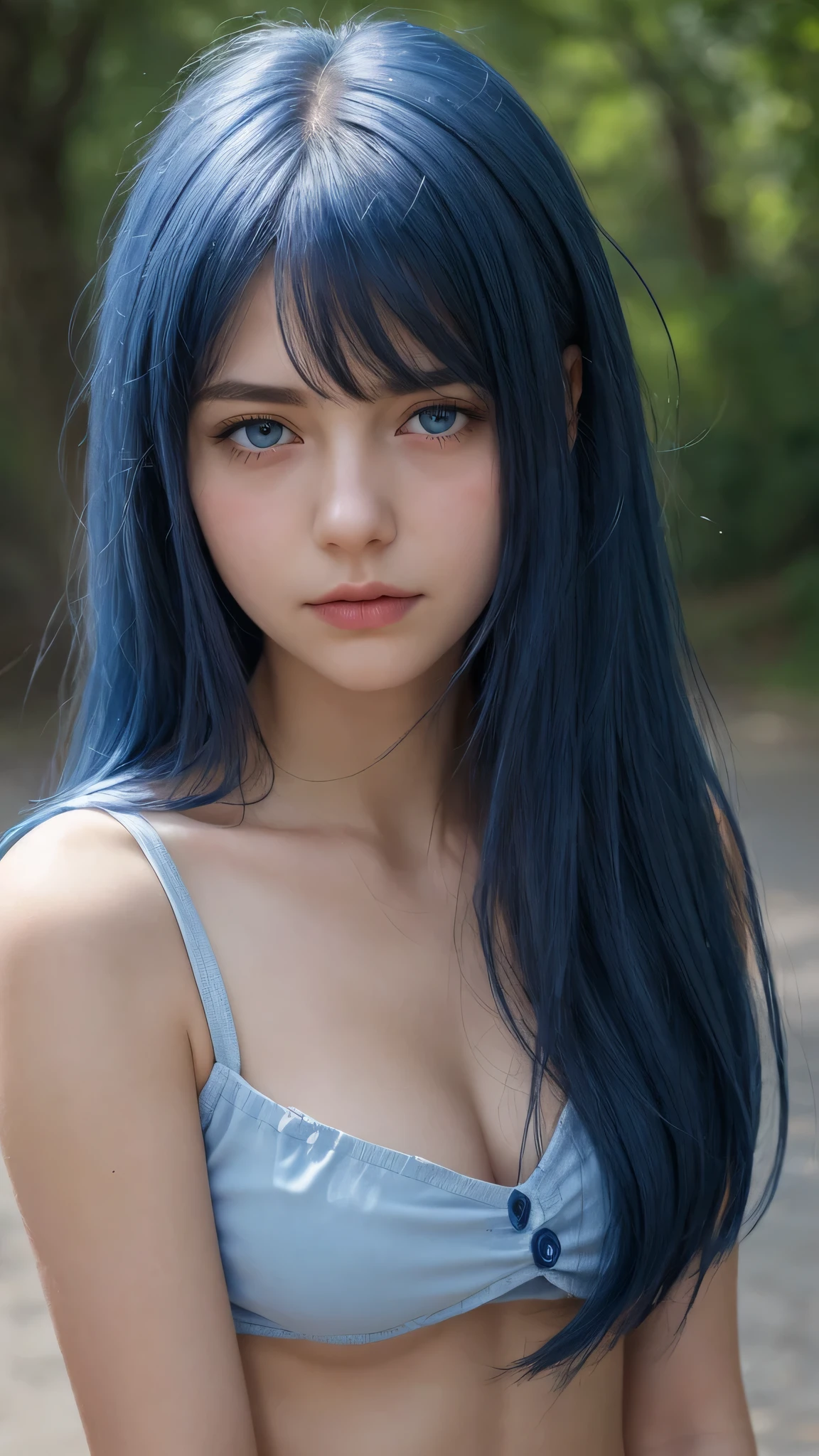 a girl. Europe. Oval face. delicate facial features. charming. half-closed eyes. blue eyes. long straight hair. messy hair. bangs. blue hair. Sad. shy. wear short skirts. bare belly. straight face. outdoor