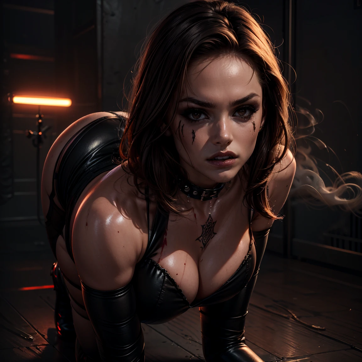 (best quality,4k,8k,highres,masterpiece:1.2),ultra-detailed,(realistic,photorealistic,photo-realistic:1.37),gothic woman,cyberpunk,red eyes demon like ,demon,extremely detailed face,long dark hair,sensual lips,pale skin,piercing,full makeup,black leather outfit,studded collar,fishnet stockings,platform boots,night cityscape background,neon lights,smoke and fog,reflective surfaces,glowing tattoos with intricate designs,blood red lipstick,sharp fangs,intense gaze,ominous aura,vivid colors,high contrast,dark shadows and highlights,ethereal beauty, thick, huge