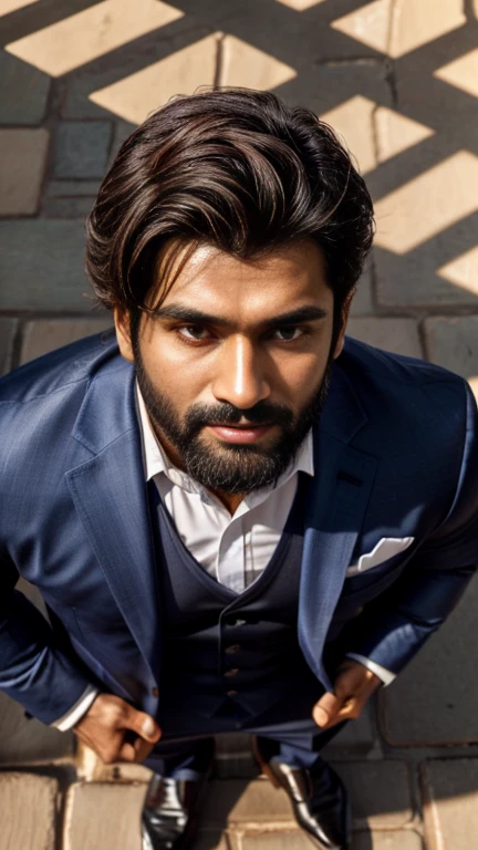 masterpiece, best quality, high resolution, full body portrait, male focus, half body focus, from above view, A indian man, 30 years old, with business suit, formal shoes and socks, standing with spread legs, brown hair, messy hairstyle, cute and seductive face, big chest, facial hair, roman nose, very skinny body, hairy legs, dimples, beard, bold jawline, masterpiece, below, amazing composition, front view, HDR, ultra quality, elegant, highly detailed, in sunlight