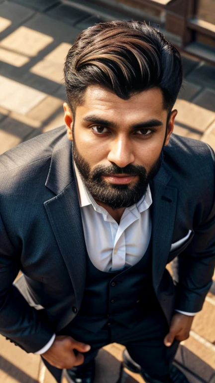 masterpiece, best quality, high resolution, full body portrait, male focus, half body focus, from above view, A indian man, 30 years old, with business suit, formal shoes and socks, standing with spread legs, brown hair, messy hairstyle, cute and seductive face, big chest, facial hair, roman nose, very skinny body, hairy legs, dimples, beard, bold jawline, masterpiece, below, amazing composition, front view, HDR, ultra quality, elegant, highly detailed, in sunlight