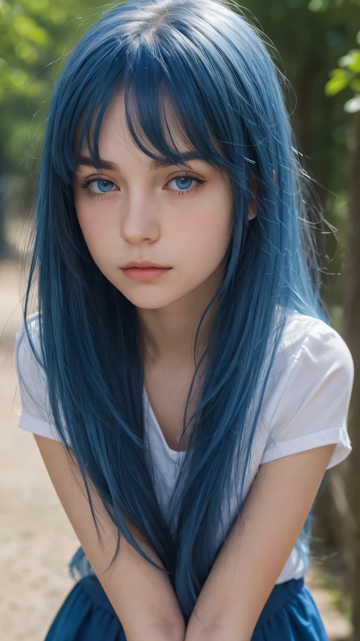 a girl. Europe. Oval face. delicate facial features. charming. half-closed eyes. blue eyes. long straight hair. messy hair. bangs. blue hair. Sad. shy. straight face. outdoor