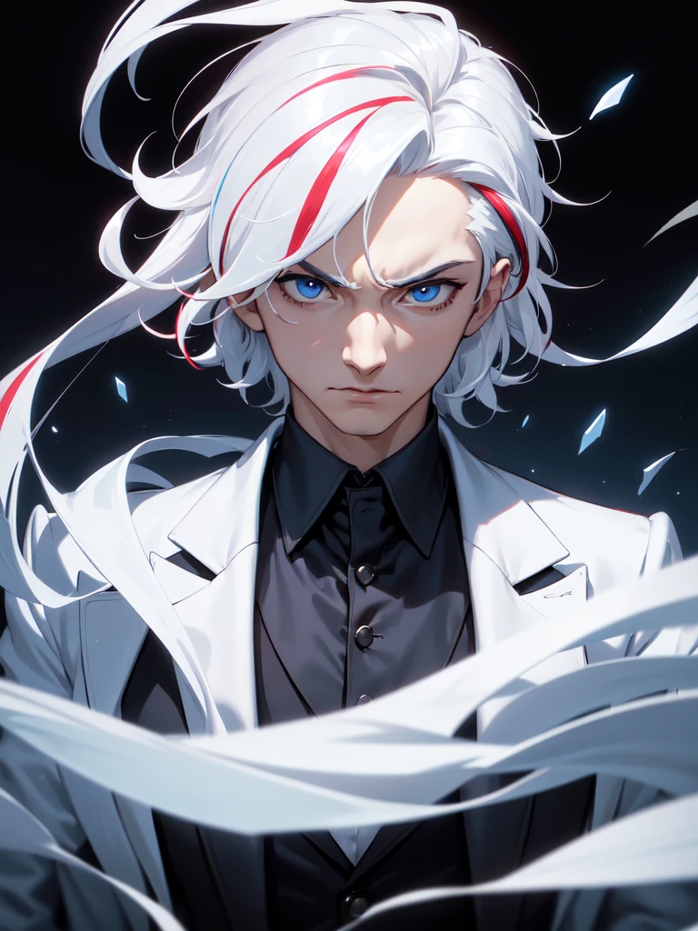 (((Portrait Photo))), He has the Appearance of a Strong, Self-Assured Adult Man, with a Fit, Well-maintained Build that Radiates Experience and Poise. His Short White Hair, Streaked with Red, is Styled Casually, Giving Him a Distinguished Look. His Piercing Blue Eyes Reflect Keen Intelligence and a Depth of Experience, Adding an Air of Austereness. His Expression is Serious and Assured, with an Intense Gaze that Conveys Pride and Temperance, Reflecting His Unshakeable Composure and Regal Presence. (((Dark Background))), (((Portrait Photo))), (((Well-fitted Blazer Over a Crisp White Shirt))), (((Streaked Hair)))