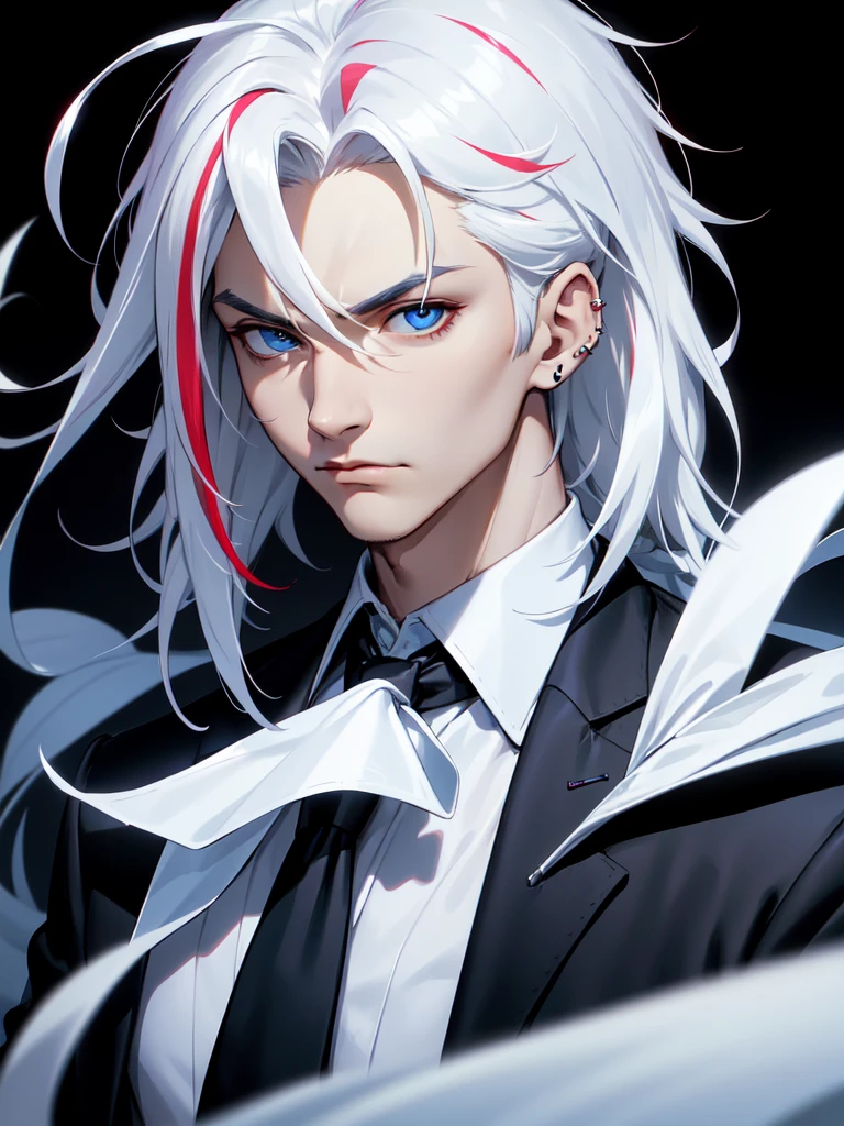 (((Portrait Photo))), He has the Appearance of a Strong, Self-Assured Adult Man, with a Fit, Well-maintained Build that Radiates Experience and Poise. His Short White Hair, Streaked with Red, is Styled Casually, Giving Him a Distinguished Look. His Piercing Blue Eyes Reflect Keen Intelligence and a Depth of Experience, Adding an Air of Austereness. His Expression is Serious and Assured, with an Intense Gaze that Conveys Pride and Temperance, Reflecting His Unshakeable Composure and Regal Presence. (((Dark Background))), (((Portrait Photo))), (((Well-fitted Blazer Over a Crisp White Shirt))), (((Streaked Hair)))