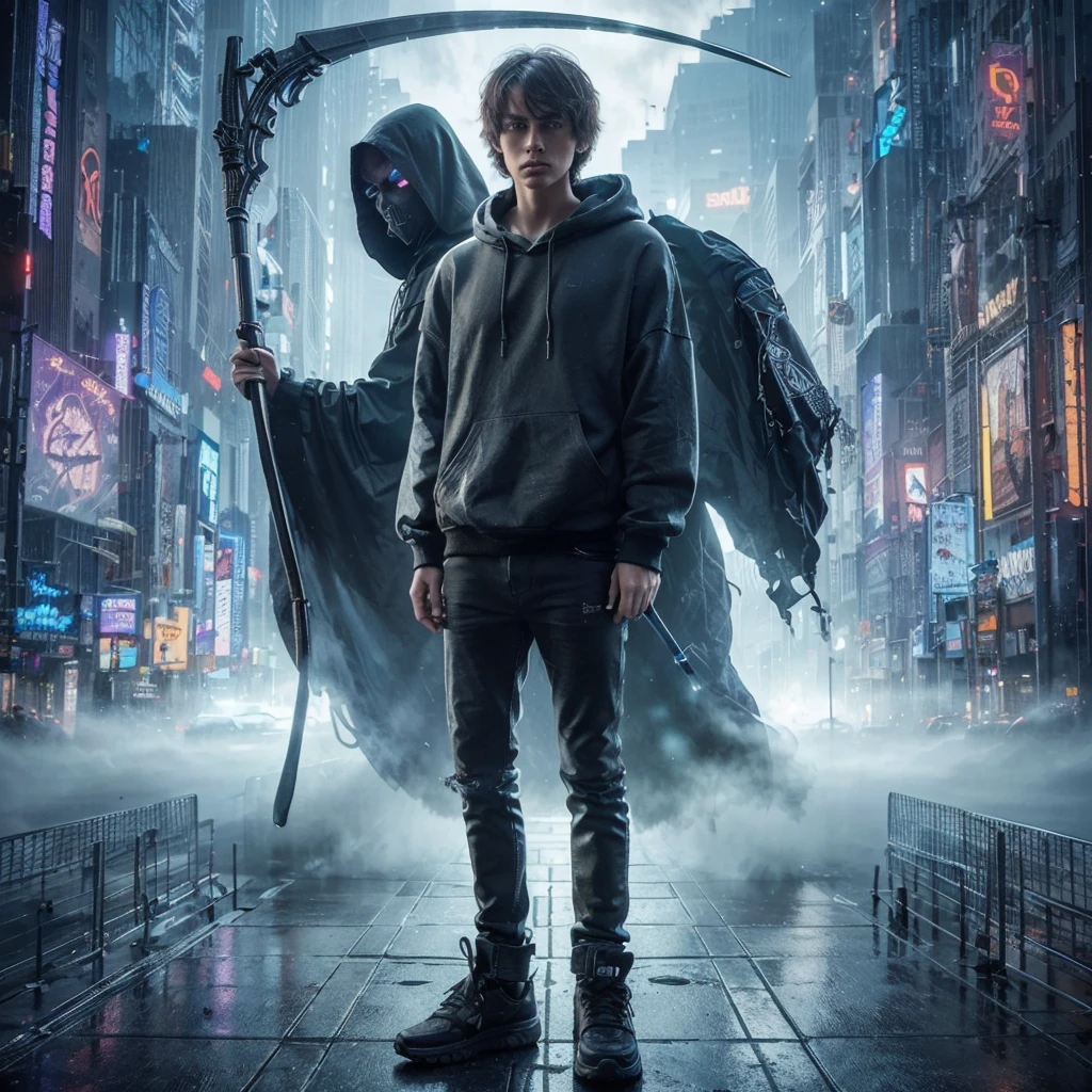A mesmerizing, photorealistic masterpiece of a young man in a 3/4 angle view within a futuristic cybercity. The subject has shaggy, tied hair and a flat face with no expression, wearing a baggy hooded sweater, tight jeans, and worn black sneakers. Behind him, the ominous figure of the grim reaper carries a complicated scythe. The background features a cloudy night with neon lights, towering skyscrapers, and holographic advertisements, creating an immersive, cinematic atmosphere. The image is incredibly detailed, with ornate details, crisp quality, and a resolution of 32K., cinematic, photo