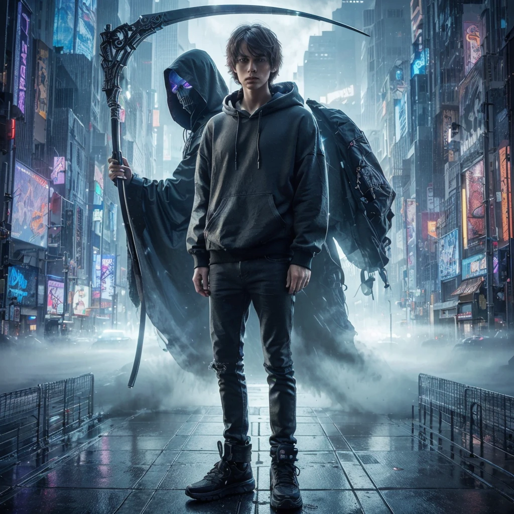 A mesmerizing, photorealistic masterpiece of a young man in a 3/4 angle view within a futuristic cybercity. The subject has shaggy, tied hair and a flat face with no expression, wearing a baggy hooded sweater, tight jeans, and worn black sneakers. Behind him, the ominous figure of the grim reaper carries a complicated scythe. The background features a cloudy night with neon lights, towering skyscrapers, and holographic advertisements, creating an immersive, cinematic atmosphere. The image is incredibly detailed, with ornate details, crisp quality, and a resolution of 32K., cinematic, photo