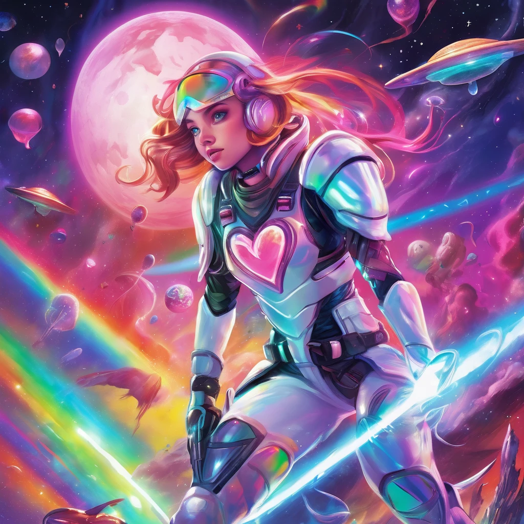 Cryptic Girl strikes an action pose wearing heart-themed combat armor, Her confused and frightened companion, Amy, is a white woman in a sailor suit.. Set on an alien world,Rainbow world atmosphere,Shining Northern Lights, Fascinating iridescent stardust,