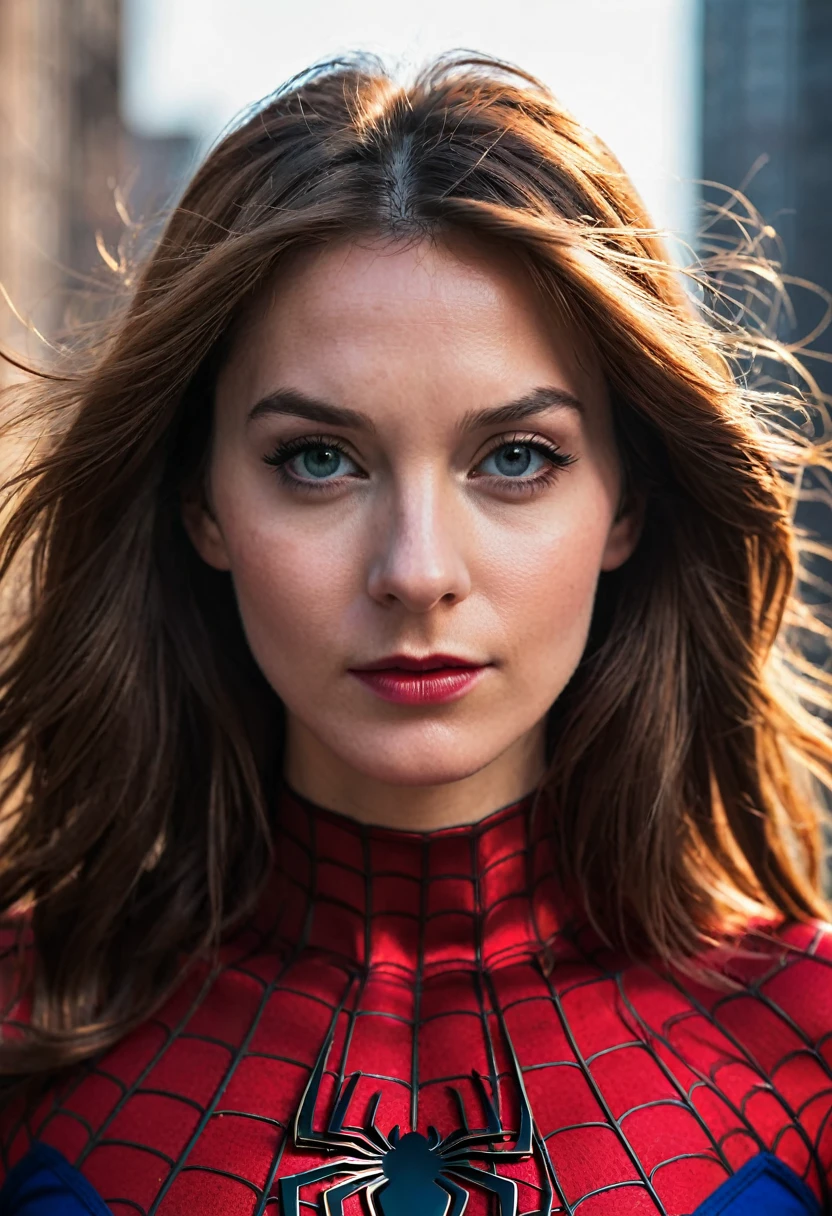 Gros plan photo portrait de femme Spiderman, atmospheric scene, head of&#39;artwork, best quality, (beautiful detailed face, skin texture detail, ultra detailed body:1.1),, naked