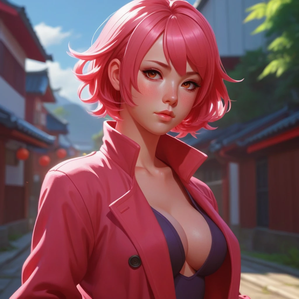 sakura haruno, seductive, ((to show your forehead)), attractive, sexy eyes, red coat, pinkies Hair, sensitive, young, shorth hair, detailed face, High Resolution, Full body, aus League of Legends, Trend in Artstation, by rhads, andreas rocha, Subscribe to, Makoto Shinkai, laurie greasley, lois van baarle, Ilya Kuvshinov und Greg Rutkowski