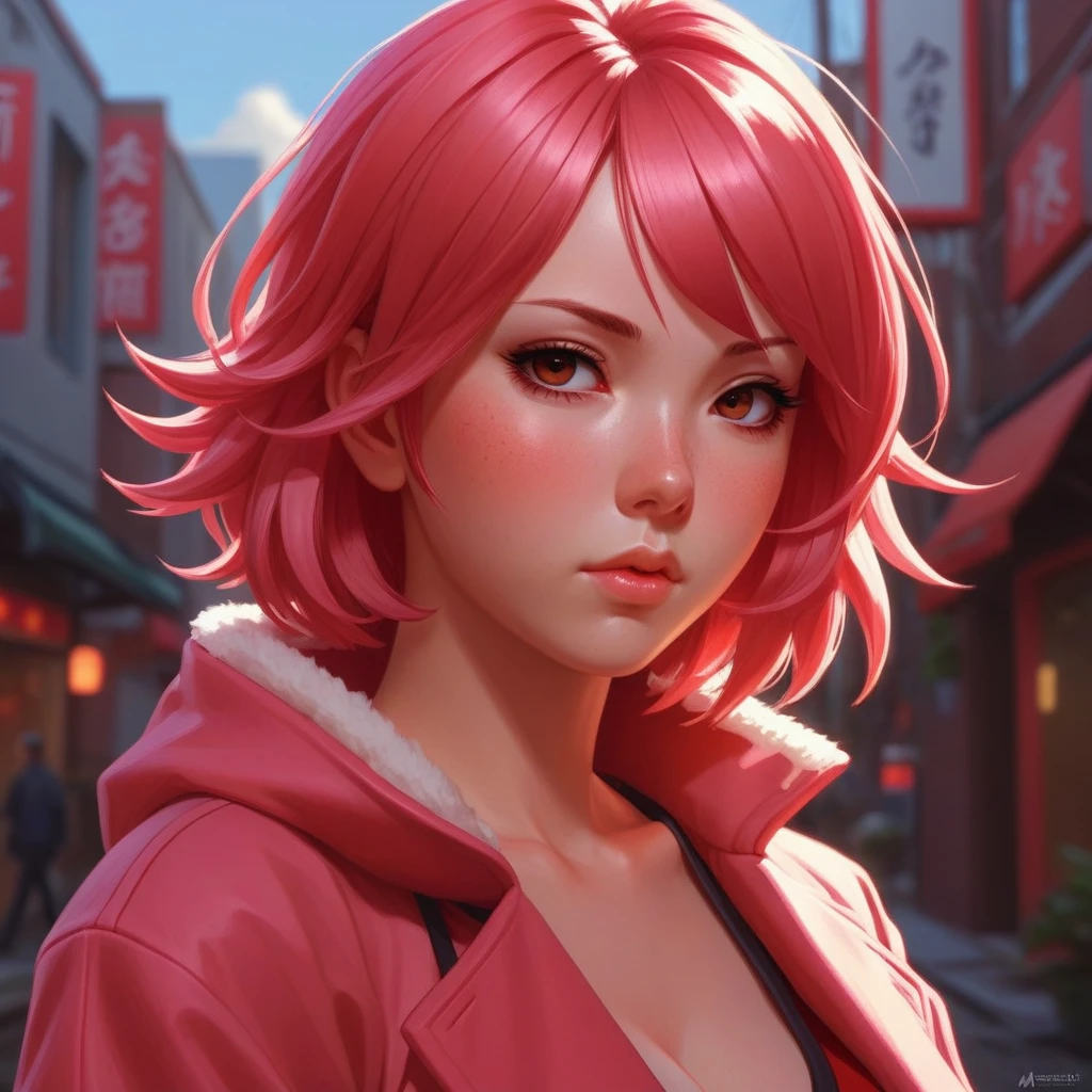 sakura haruno, seductive, ((to show your forehead)), attractive, sexy eyes, red coat, pinkies Hair, sensitive, young, shorth hair, detailed face, High Resolution, Full body, aus League of Legends, Trend in Artstation, by rhads, andreas rocha, Subscribe to, Makoto Shinkai, laurie greasley, lois van baarle, Ilya Kuvshinov und Greg Rutkowski