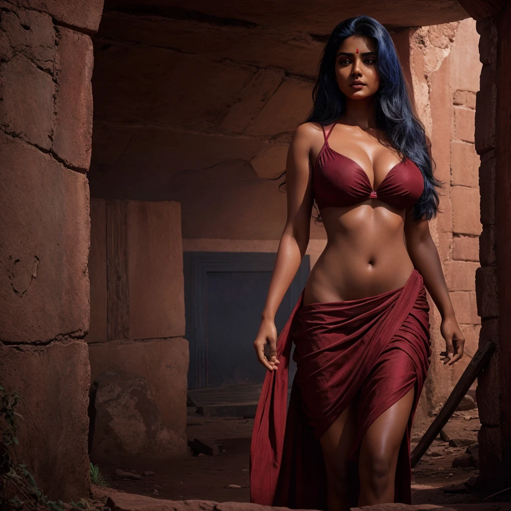 An Indian beautiful woman, beautiful figure,Deep cleavage fort behind, Dark red and blue tint, digital art, comic art style, hyper realistic, cinematic