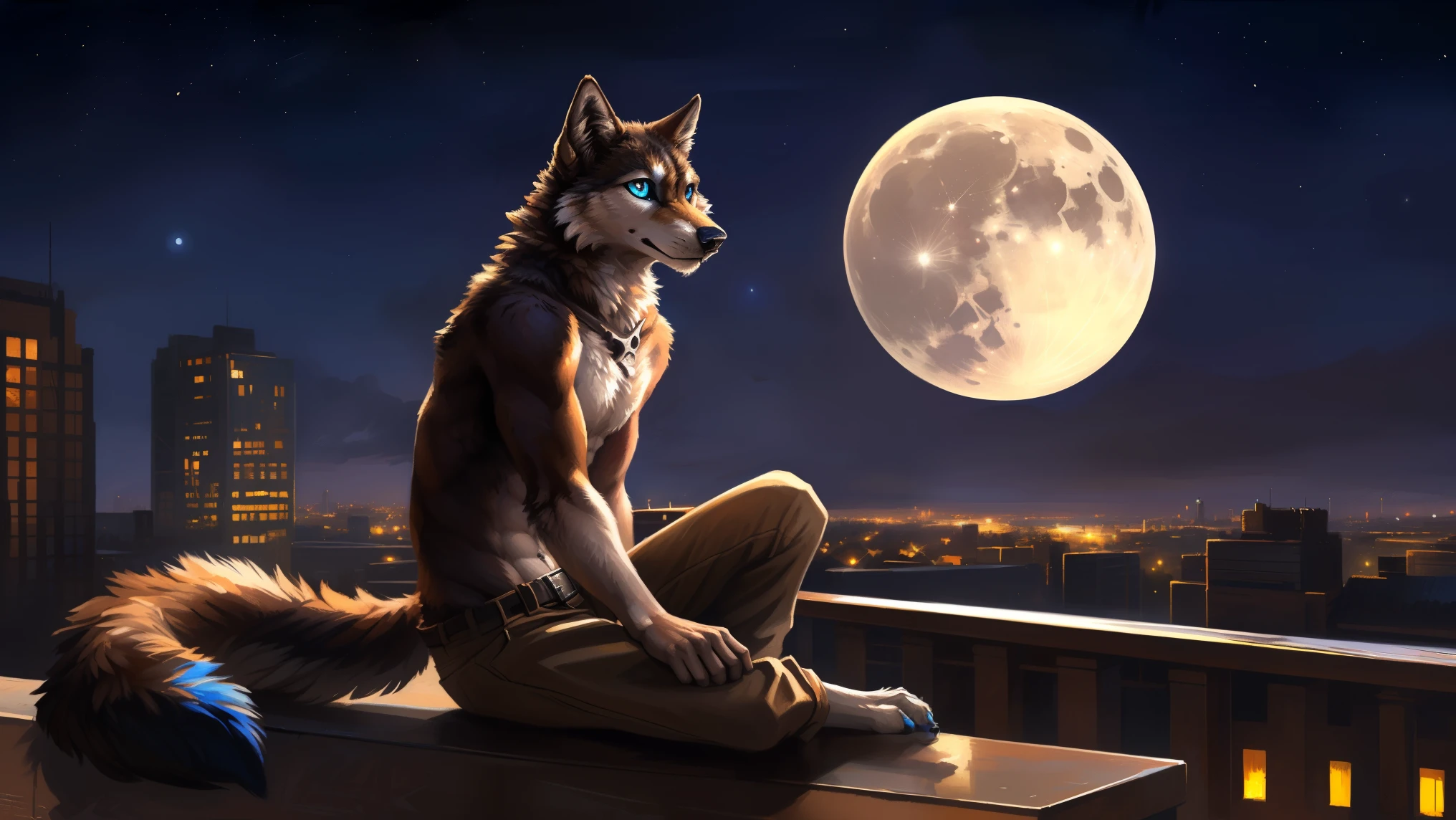 ((Solo)), male people, anthro wolf, (Multi-colored fur, White-brown:1.3), ((Wolf face, Big eyes, White eyelids, Blue pupil, Slim:1.2) (Tough, Calm expression:1.2)), (Height 2.1 meters,Tail length 1.5m), Abs, Slim, pinging, (Correct anatomy), (Contour bone:1.2), The upper body is naked, (detailed outfits), a long large tail,Feet,(Realistic fur, Detailed fur texture, labeled:1.3)), (Natural lighting), Photorealistic, Hyperrealistic, ultradetailed, by Kenket,In the modern city,Roof,the night,Sit alone,Look at the full moon,It was dark,Starry