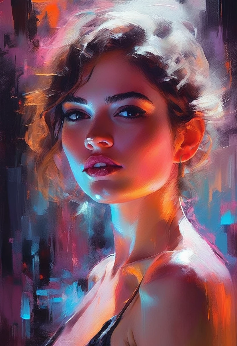 (llyjmscnd woman) art: Henry Asencio, close-up, lava lamp captured in ultra-realistic style, posing in the undulating glow of a neon atmosphere reminiscent of Syd Mead's futuristic aesthetic, the lava inside the lamp seamlessly morphs, soft focus background, neon glow, digital painting, dramatic lighting , artstation trend, sharp focus, studio photo, intricate details, high detail, cleavage, sexy, thigh, short skirt