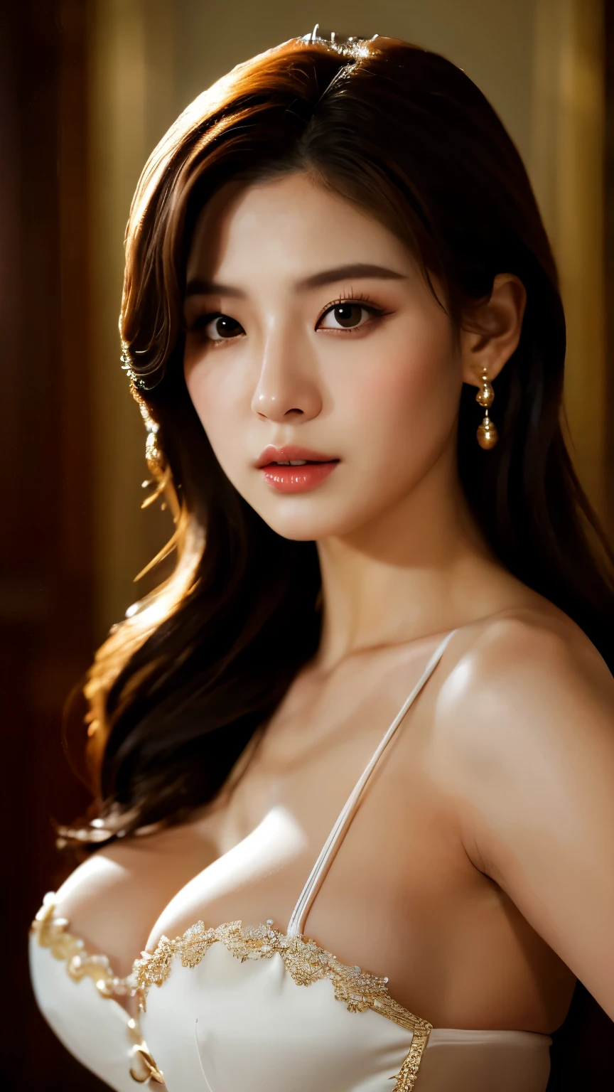 extreme close-up of beautiful beautiful korean female, 34 inch breasts size, wearing as lady dimitrescu costume, from Resident Evil, cinematic scene, UHD