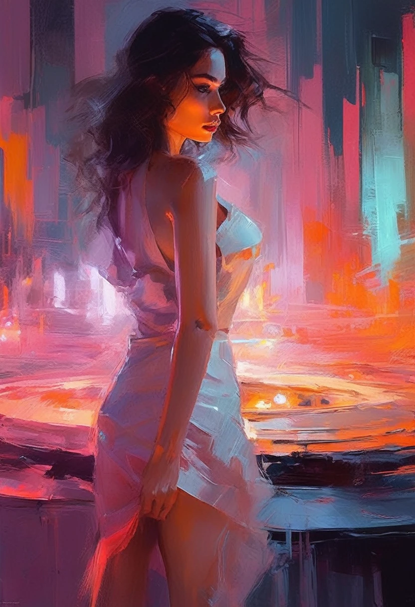 (llyjmscnd woman) art: Henry Asencio, close-up, lava lamp captured in ultra-realistic style, posing in the undulating glow of a neon atmosphere reminiscent of Syd Mead's futuristic aesthetic, the lava inside the lamp seamlessly morphs, soft focus background, neon glow, digital painting, dramatic lighting , artstation trend, sharp focus, studio photo, intricate details, high detail, cleavage, sexy, thigh, short skirt