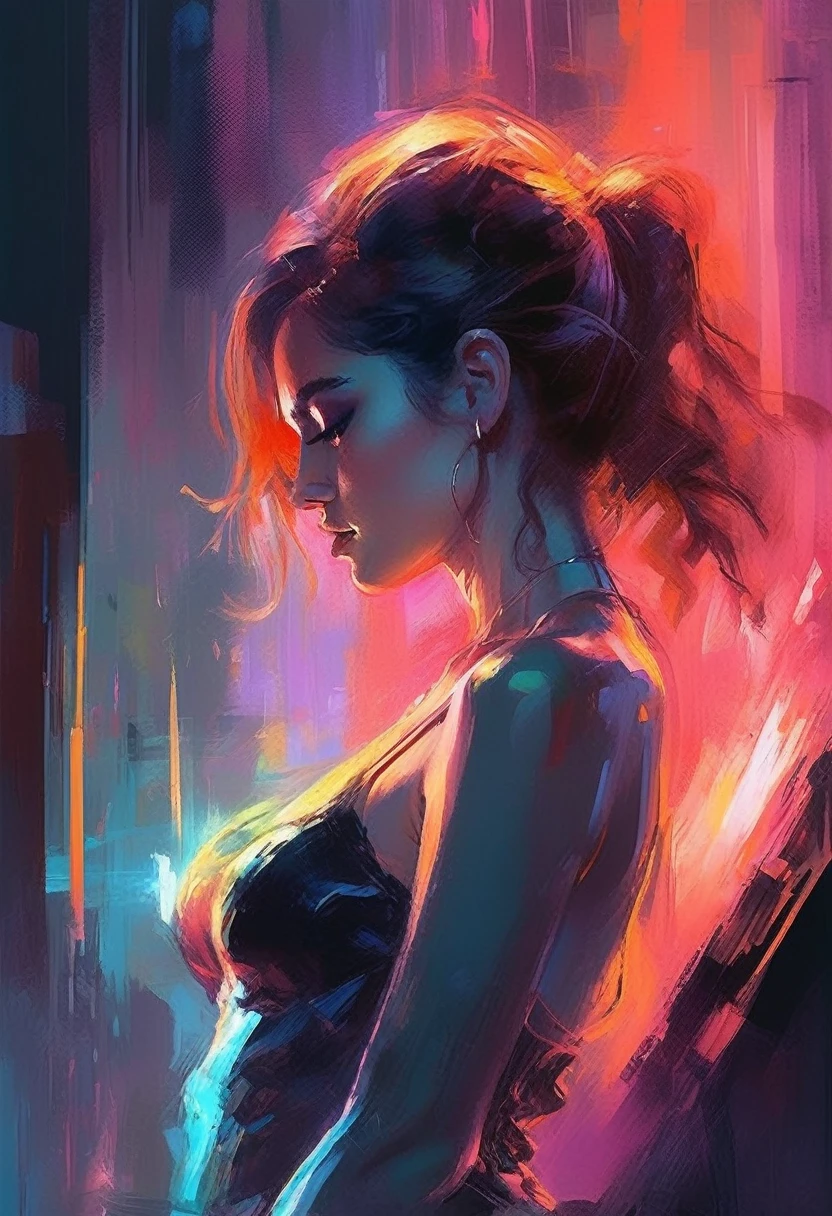 (llyjmscnd woman) art: Henry Asencio, close-up, lava lamp captured in ultra-realistic style, posing in the undulating glow of a neon atmosphere reminiscent of Syd Mead's futuristic aesthetic, the lava inside the lamp seamlessly morphs, soft focus background, neon glow, digital painting, dramatic lighting , artstation trend, sharp focus, studio photo, intricate details, high detail, cleavage, sexy, thigh, short skirt