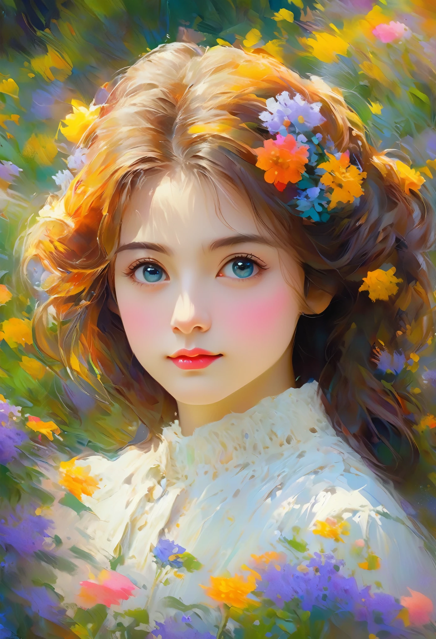 (Girl in a Garden Inspired by Claude Monet,Beautiful attention to detail,Beautiful lip detail,Highly detailed eyes and face, Long eyelashes, Impressionist techniques, Vibrant colors, Breathtaking visual effects, Eternal Silence, oil,Ultra-fine painting, Professional, Vibrant colors, Sharp focus, High resolution, Physically Based Rendering, Masterpiece:1.2, High resolution, 超High resolution, Studio Lighting, romantic, Soft brushwork, Quiet atmosphere)