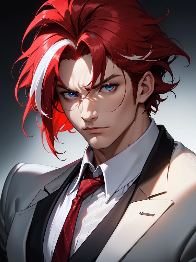 (((Portrait Photo))), He has the Appearance of a Regal, Self-Assured Adult Man, with a Strong, Well-maintained Build that Radiates Experience and Strength. His Short White Hair, Streaked with Red, is Styled Casually, Giving Him a Distinguished Look. His Deep Blue Eyes Reflect Keen Intelligence and a Depth of Experience. His Expression is Serious and Assured, with an Intense Gaze that Conveys Pride and Temperance, Reflecting His Unshakeable Composure and Imposing Presence. (((Dark Background))), (((Portrait Photo))), (((Well-fitted Blazer Over a Crisp White Shirt))), (((Red Streaked Hair)))