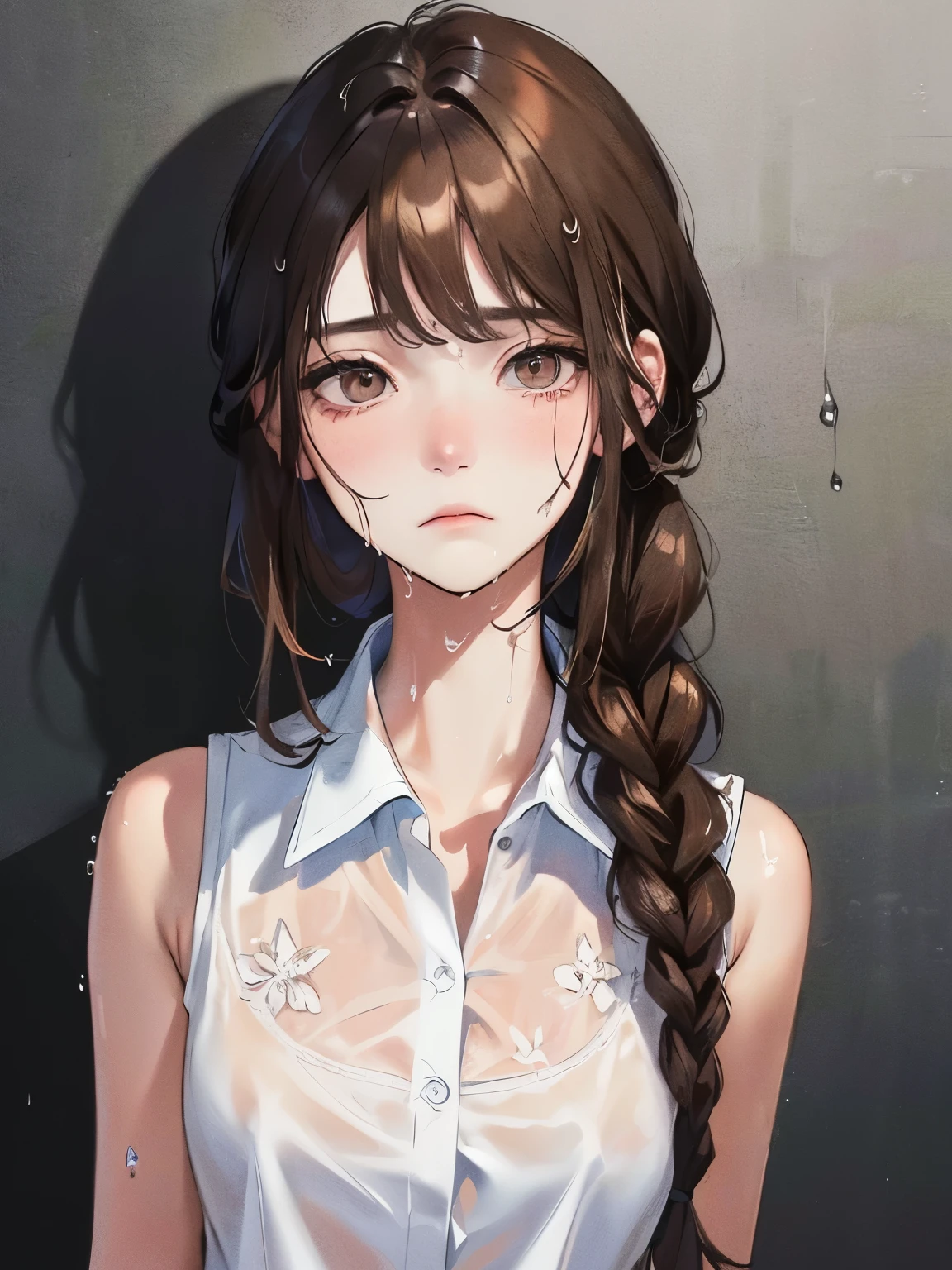 (((Dark Sky)))、(((Sad expression)))、((1 person)),Masterpiece,best quality, ((Floral Skirt))),Sandals ,((White sleeveless shirt))、((Wet from rain))、(()),determined expression, Upper body diagram、 (Highest Resolution、Clear_image)、Best Quality、Light and shadow contrast、((Backlight))、Very detailed、Semi-realistic、Braided hairstyle、Brown Hair、bangs、19 years old、 Lady,,young、((View from top))、Delicate Facial Features