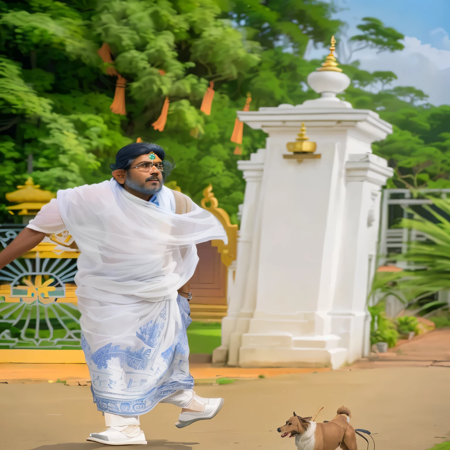 there is a man walking down the street with a dog, jayison devadas, taken in the early 2020s, in front of a temple, in front of the house, delightful surroundings, jayison devadas style, cartoon still, standing astride a gate, lush surroundings, with kerala motifs, vinayak, in front of the temple
