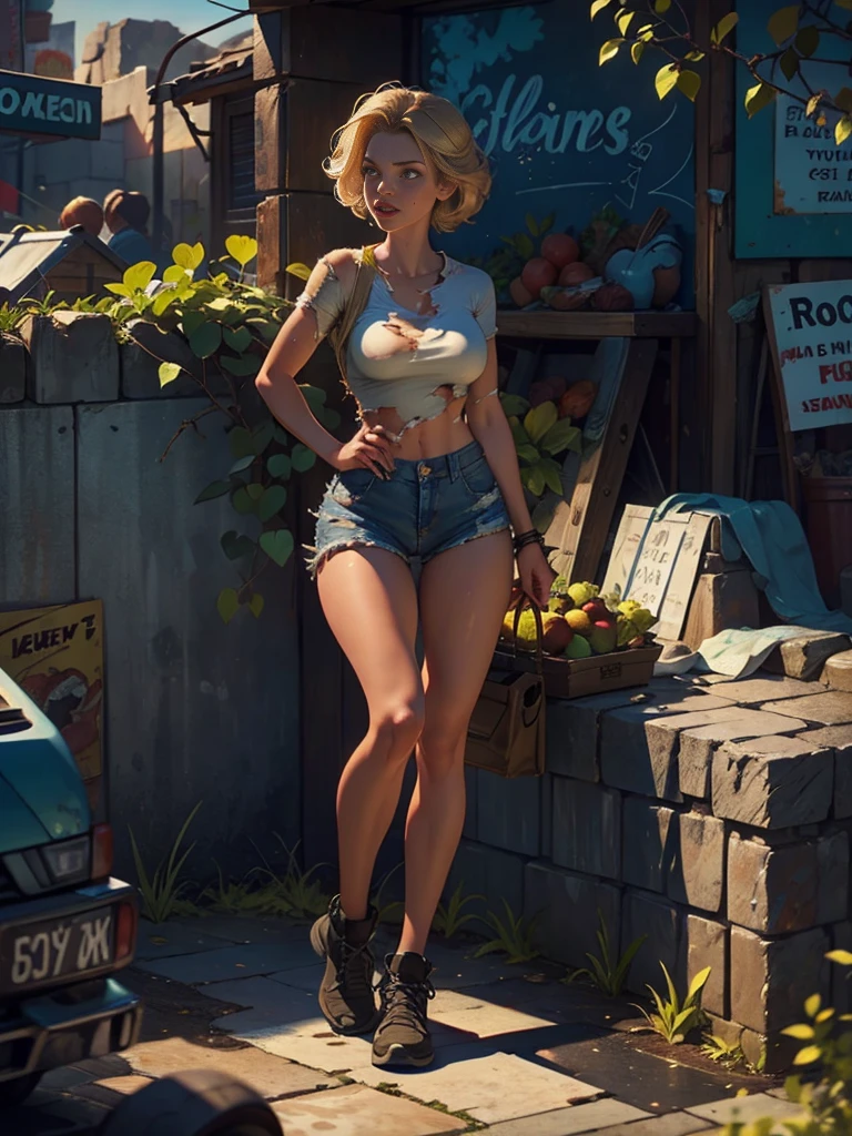 2076 year. The Urban Ruins of the Wasteland, Female huntress picking fruit in the garden, beautiful face, blonde, badly torn shirt and denim shorts , long legs, sweating through, sun rising, Nice warm colors, head to toe full body shot